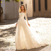 Elegant Long Sleeve Wedding Dresses Off The Shoulder Boat Neck Lace Appliques Sweep Train A-Line Bridal Gown Vestidos De Novia