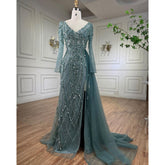 Elegant Turquoise High Split Meramid Long Sleeves Evening Dress with Beaded For Women Wedding Party LA71793A