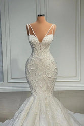 Elegant Strapless Sleeveless Mermaid Satin Floor-Length Wedding Dresses with Lace
