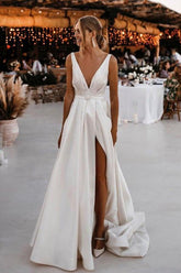 Elegant A-line Satin V-neckline Sweep Train Wedding Dresses WD564