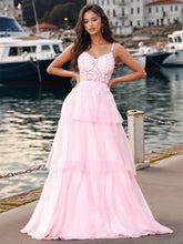 Flower Appliqued Corset Sparkly Lace Ruffle Tiered Prom Dress