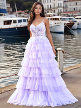 Lace Embroidery Spaghetti Strap Tulle Ruffle Ball Gown Prom Dress