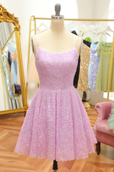 Robe de bal de promo lilas à sequins, coupe trapèze et lacets Y2994