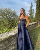 A-line Navy Blue Satin Evening Dress Navy Blue Graduation Dress Y4835