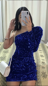 Vestido de fiesta corto de lentejuelas brillantes para mujer, con un solo hombro y manga larga, modelo Y4190