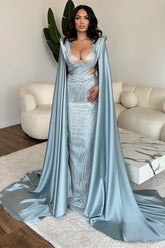 Superbe robe de bal sirène longue bleue à col en V et manches en dentelle pailletée