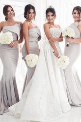 Fantastic Satin Strapless Mermaid Long Bridesmaid Dresses With Train