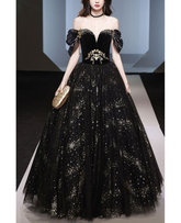 Robe de bal noire en tulle pailleté et sequins, coupe trapèze, épaules dénudées, référence Y8034