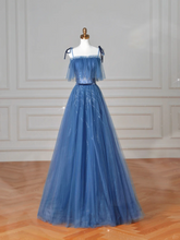 Vestido de fiesta azul con tirantes finos, tul y lentejuelas, corte en A, modelo Y8634