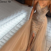 Gold Backless Mermaid Sexy Evening Dresses 2025 Dubai Crystal Beading Luxury Formal Dress Design LA70165