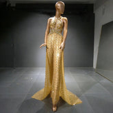 Gold Luxury Jumpsuit Evening Dresses Gowns 2025 Beaded Sexy Overskirt For Women Party LA71505