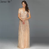 Sale Gold Luxury Sexy V-Neck Evening Dressese 2025 Short Sleeve Beading Sequined A-Line Evening Gowns LA70151