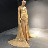 Gold Mermaid Elegant High Split Evening Dresses Gowns 2025 Beaded Luxury Cape Sleeve For Women Party LA71503