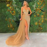 Gold Mermaid Luxury Evening Dresses Gowns 2025 Elegant Beaded High Split For Women Party LA71282