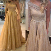 On Sale no return no refundSale Gold One Shoulder Sexy Dubai Evening Dresses 2025 Long Sleeves Luxury Sparkle A-Line Formal Dress LA70329