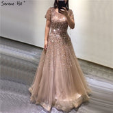 Gold Short Sleeves Beading Luxury Evening Dresses Gowns 2025 A-Line Lace Up For Women Party Design LA70464