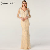 On Sale no return no refundSale Gold V-Neck Dubai Design Sexy Evening Dresses Luxury Long Sleeves Beading Crystal Evening Gowns 2025 LA60831
