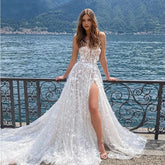 Gorgeous Sexy Off Shoulder Sleeveless High Fork Mopping Wedding Dresses With Split Beach Lace Bride Dresses Backless Custom Made