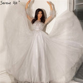 Grey A-Line Beading Feathers Design Evening Dresses 2025 Dubai Long Sleeves Luxury Formal Dress LA70472