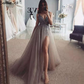 On Sale no return no refundSale Grey Backless A-Line V Neck Sleeveless Evening Dressese Beading Diamonds Sexy Evening Gowns Design 2025 LA70168