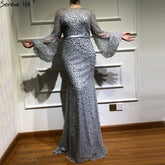 On Sale no return no refundSale Grey Full Pearls Mermaid Evening Dresses 2025 Long Sleeves Sexy Fashion Formal Evening Gowns Plus Size LA6556