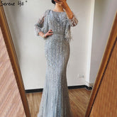 Grey Mermaid Long Sleeves Dubai Evening Dresses Luxury Diamond Beading O-Neck Formal Dress 2025 LA70503