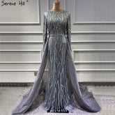 Grey Mermaid Luxury Dubai Designer Evening Dresses Beading Sequined Fashion Long Sleeves Evening Gowns 2025 LA6302