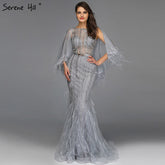 On Sale no return no refundSale Grey O-Neck Feathers Crystal Evening Dresses Dubai Design Sleeveless Luxury Sexy Evening Gowns 2025 LA70153