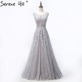 On Sale no return no refundSale Grey Sexy Backless Tulle A-Line Evening Gowns Beading Appliques Sleeveless Formal Party Dress 2025 HA2152