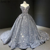 Grey Silver Sequined Wedding Dresses 2025 Dubai Sleeveess Sexy Luxury Bridal Gowns HM66742 Custom Made