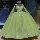 Robe de bal verte pour quinceañera avec cape et fleurs 3D, modèle Y6065