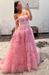 A Line Off the Shoulder Ruffled Tulle Prom Dress with Slit