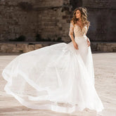 Haute Couture Luxury Elegant White Satin Long Sleeve Backless Sweep Train Deep V-Neck Mermaid Backless Embroidery Wedding Dress