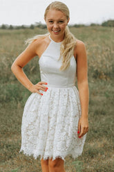 Vestidos cortos de fiesta con escote halter y espalda descubierta, corte en A, de encaje, estilo línea A.