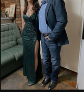 Robe de bal longue sirène à fines bretelles et sequins vert foncé, fendue, Y1460