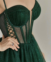 Vestido de noche brillante verde con corsé, corte en A, modelo Y6339