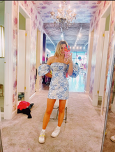 Elegante vestido de fiesta sin tirantes con estampado floral azul Y2774