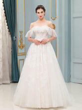 Robes de mariée trapèze, épaules dénudées, longueur au sol, dentelle, manches courtes