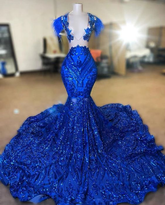 Vestido de noche modesto con plumas, elegante vestido de sirena azul real brillante para baile de graduación Y6657