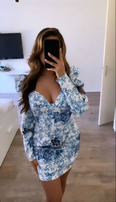 Vestido azul floral de manga larga para baile de bienvenida, vestido azul de fiesta Y7064