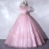 Magnifique robe de quinceañera rose, manches bouffantes luxueuses, robe de soirée plissée classique, fermeture éclair au dos, robe de bal Y2588