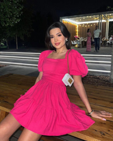 Vestido de fiesta vintage de corte A, color rosa intenso, con mangas abullonadas Y2680