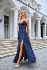 Robe de demoiselle d'honneur à bretelles spaghetti et col en V brodé, fendue sur le devant, robe de soirée de mariage, 28089