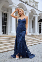 Robe de demoiselle d'honneur longue à bretelles spaghetti et col en V brodée pour femme, style sirène, robe de soirée, de bal, de mariage, 28087