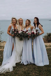 Chiffon A-line V-neck Long Bridesmaid Dresses With Slit