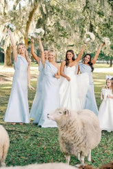 Light Blue Satin Sheath One Shoulder Floor Length Bridesmaid Dresses