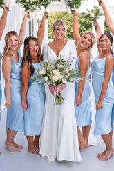 Light Blue Spaghetti Straps Cowl Neck Short Bridesmaid Dresses