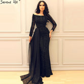 Long Sleeve Black Mermaid Tulle Evening Dresses Beading Sequined Formal Dress Real Photo 2025 LA6009
