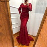 On Sale No Return No Refund Long Sleeve Wine Red Pearls Mermaid Evening Dresses 2025 Fashion Luxury Evening Gown Real Photo Dubai LA6428