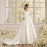 Long Sleeves Satin Wedding Dresses For Women With Bow Bridal Gowns Sweetheart Vestido De Noiva Robe Floor Length Custom 2023